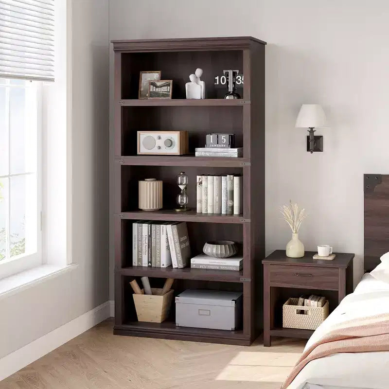 Brown 5-Tier Open Bookshelf, 67.4" Tall, Farmhouse Style