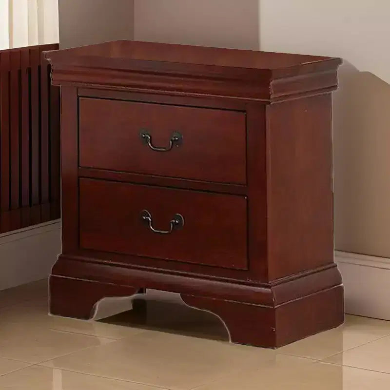 Royal Hampton 2 Drawer Wooden Nightstand with Panel Bracket Feet, Cherry Brown