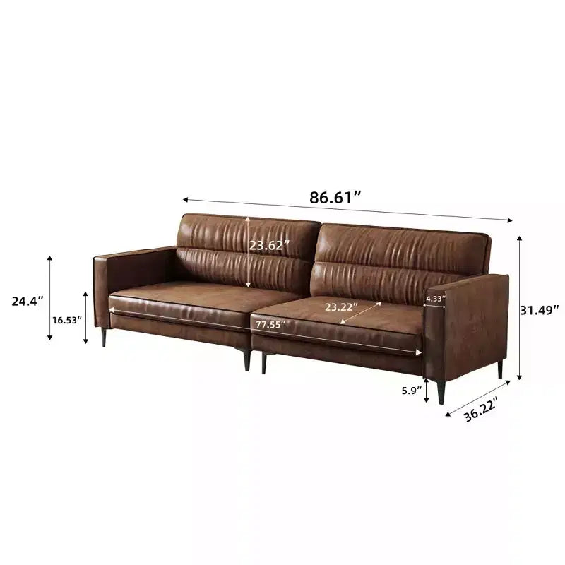 Brown Faux Leather 3-Seat Sofa with Metal Legs, 86.61"