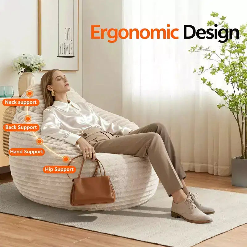 Foam Filled Bean Bag Chair, Soft Removable Cover, Single Seat — Black / Camel