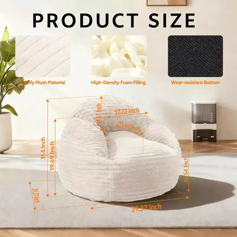 Foam Filled Bean Bag Chair, Soft Removable Cover, Single Seat — Black / Camel