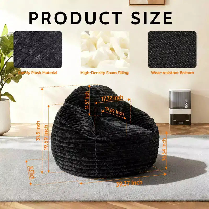 Foam Filled Bean Bag Chair, Soft Removable Cover, Single Seat — Black / Camel