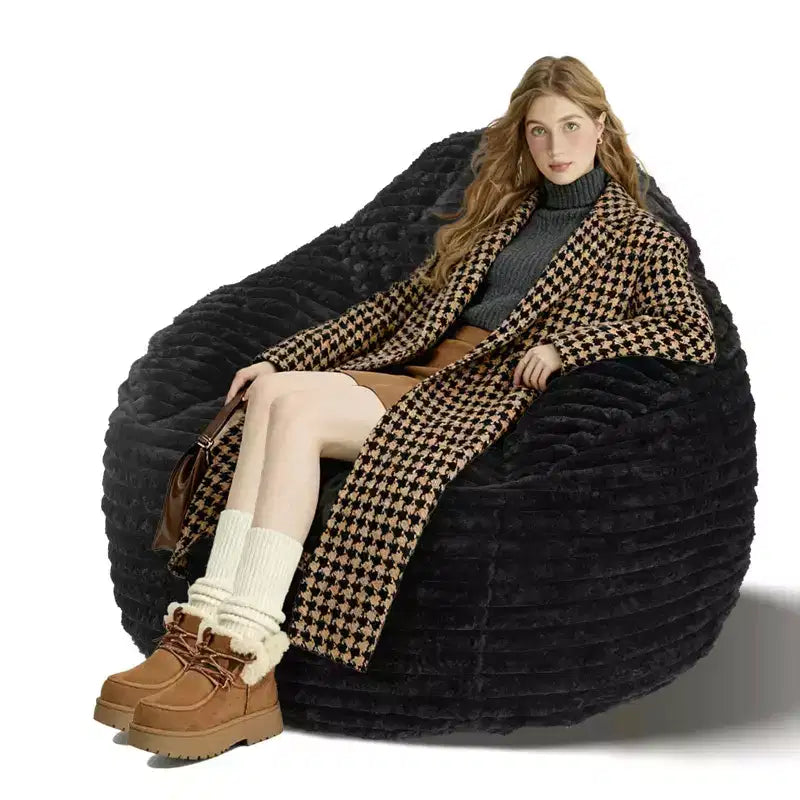 Foam Filled Bean Bag Chair, Soft Removable Cover, Single Seat — Black / Camel