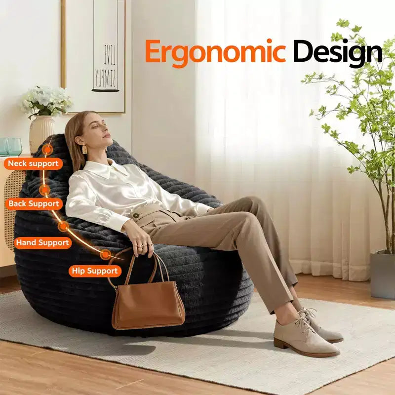 Foam Filled Bean Bag Chair, Soft Removable Cover, Single Seat — Black / Camel