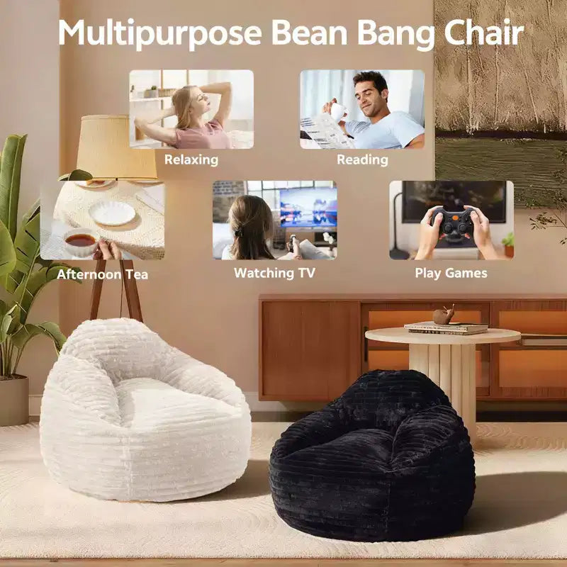Foam Filled Bean Bag Chair, Soft Removable Cover, Single Seat — Black / Camel