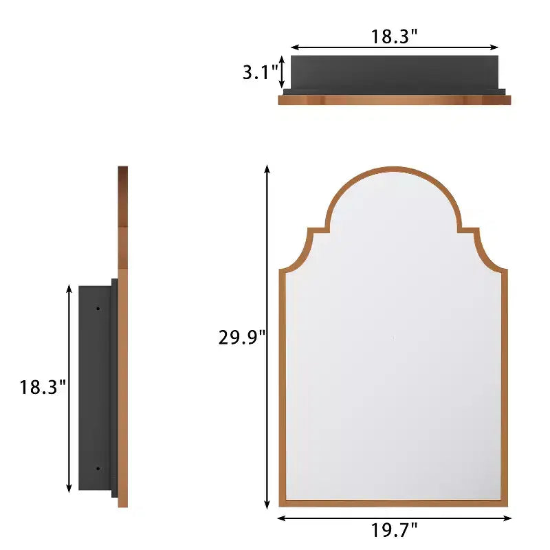 Black / Gold Scalloped Arched Wall Mirror Cabinet, 30x20 In, Single