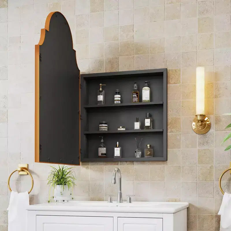 Black / Gold Scalloped Arched Wall Mirror Cabinet, 30x20 In, Single