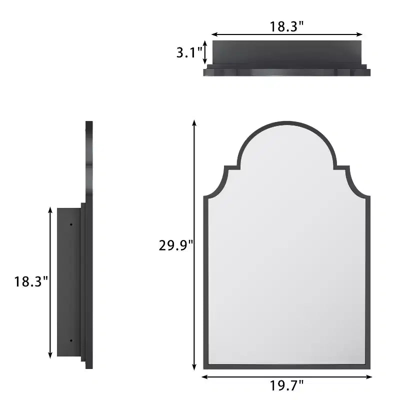 Black / Gold Scalloped Arched Wall Mirror Cabinet, 30x20 In, Single