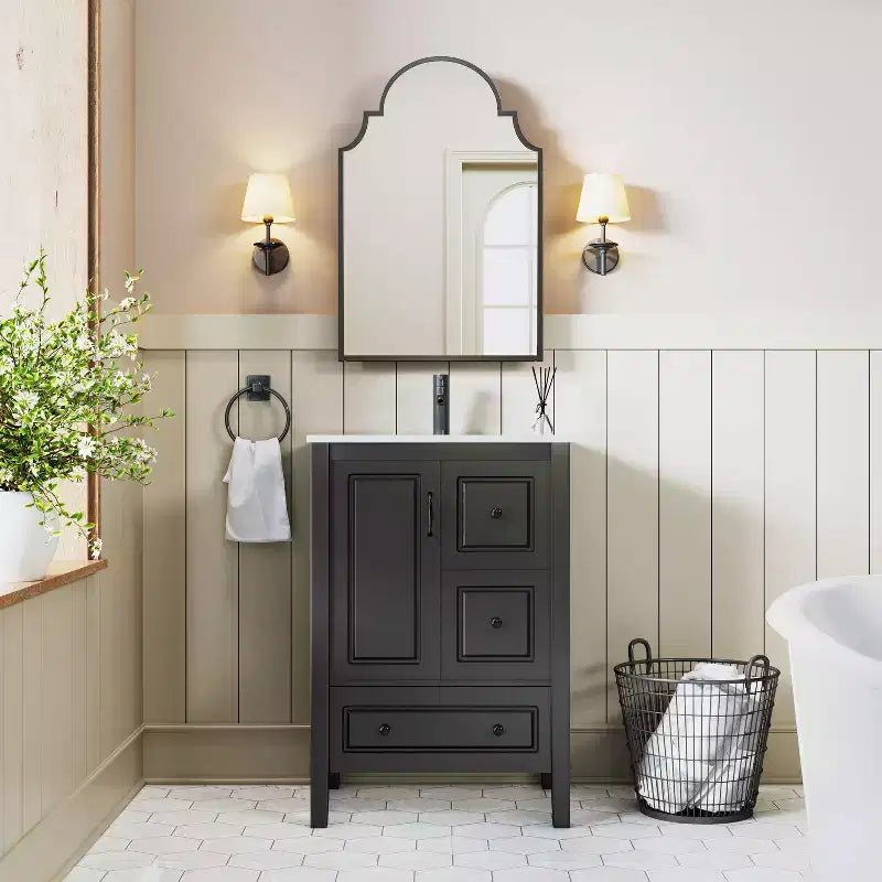 30x20 Inch Black Wrought Iron Scalloped Arched Mirror Cabinet - Decorative Large Wall Mirror Decor with Metal Frame Ideal for Living and Bathroom