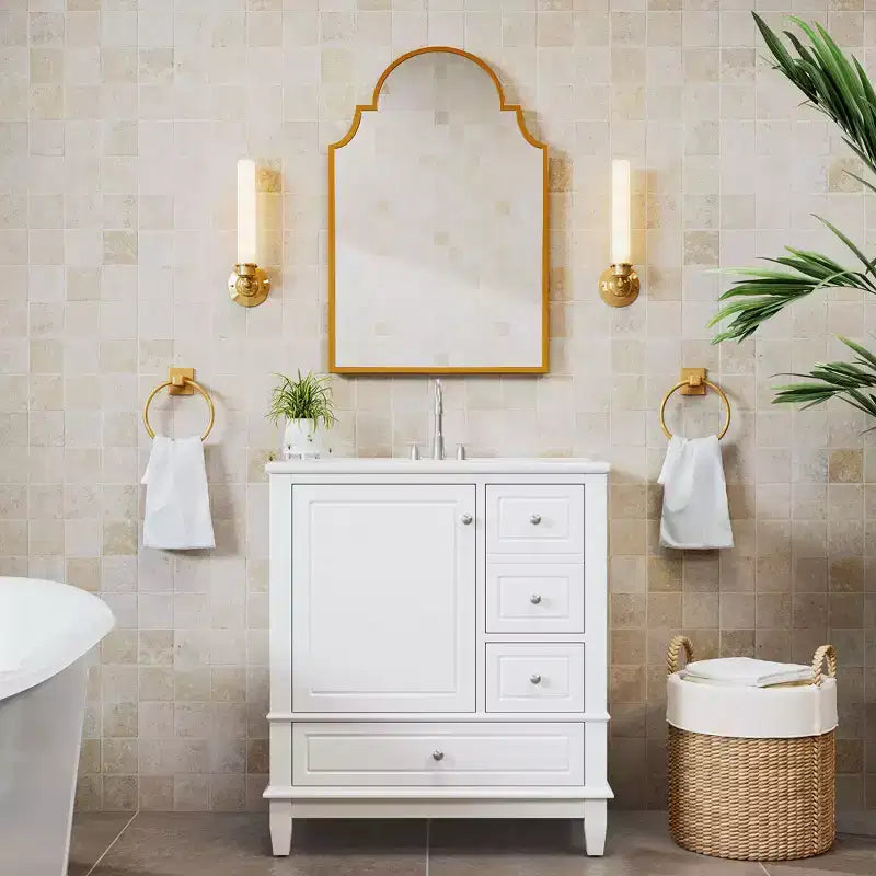 Black / Gold Scalloped Arched Wall Mirror Cabinet, 30x20 In, Single