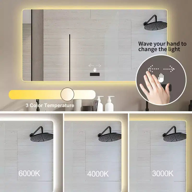 48" x 32" Frameless Rectangle LED Backlit Bathroom Vanity Mirror – Tri-Color Dimming, Wall Mount