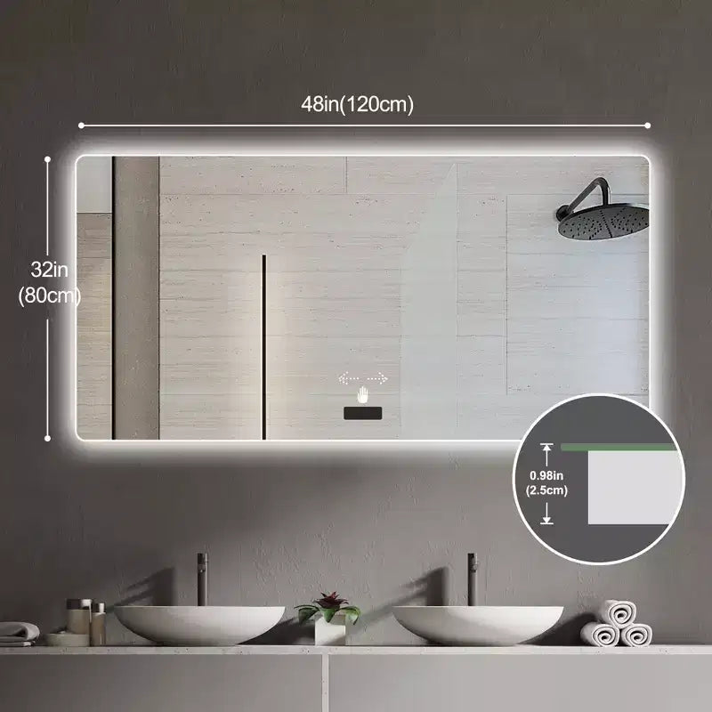 48" x 32" Frameless Rectangle LED Backlit Bathroom Vanity Mirror – Tri-Color Dimming, Wall Mount