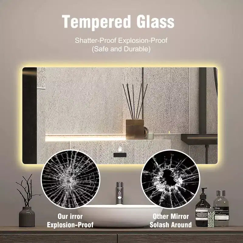 48" x 32" Frameless Rectangle LED Backlit Bathroom Vanity Mirror – Tri-Color Dimming, Wall Mount