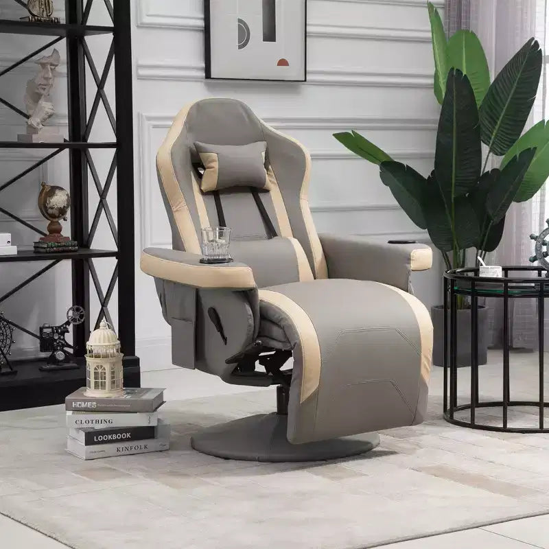 Grey Single-Seat Manual Swivel Recliner Chair with Cup Holder
