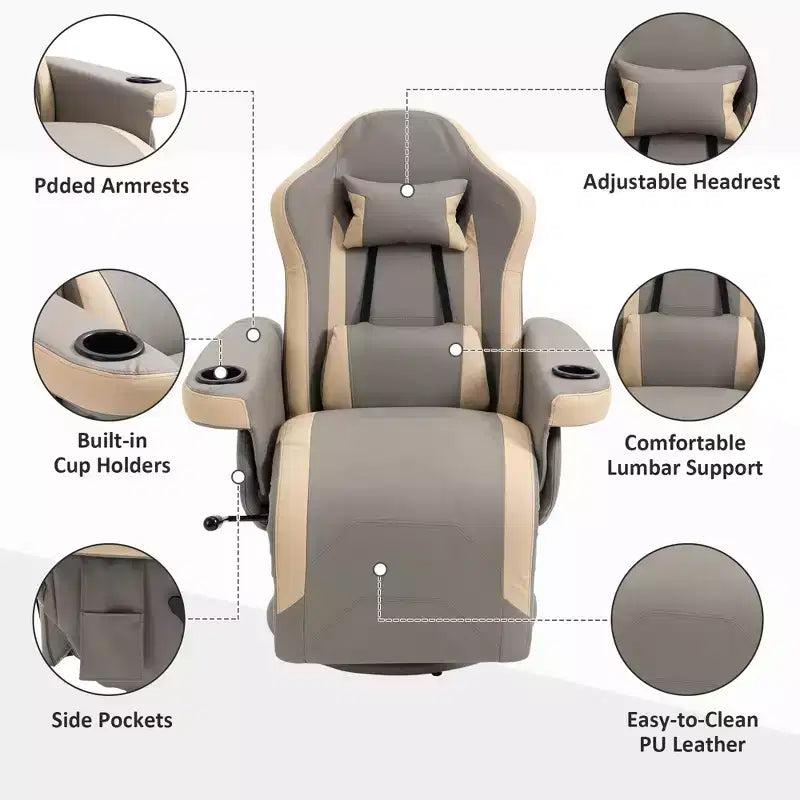 Grey Single-Seat Manual Swivel Recliner Chair with Cup Holder
