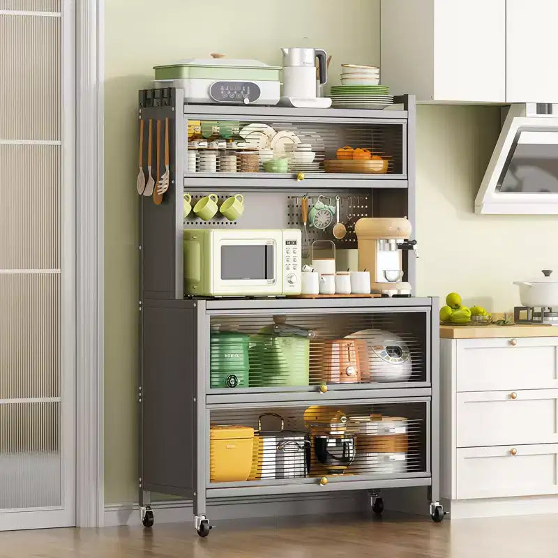GDFStudio Vian 64 Modern 5-Tier Metal Kitchen Storage Cabinet with Wheels, Transparent Flip Doors and DIY Hole Board