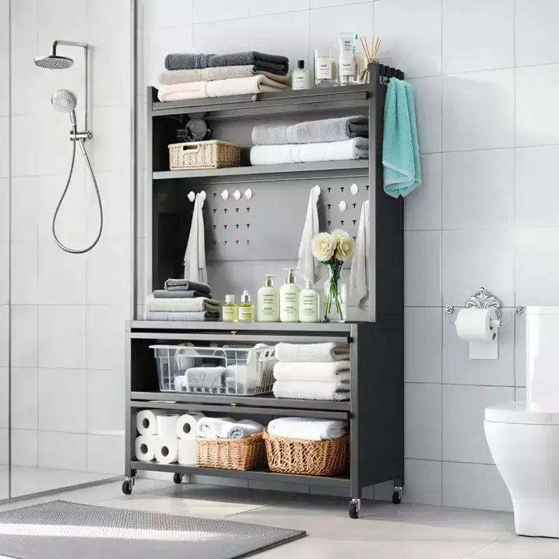 Gray Modern 5-Tier Metal Kitchen Storage Cabinet with Wheels & Flip Doors – 1 Person Assembly