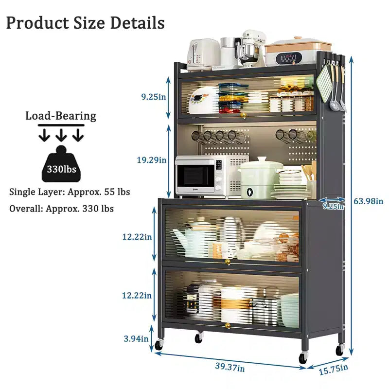 Gray Modern 5-Tier Metal Kitchen Storage Cabinet with Wheels & Flip Doors – 1 Person Assembly