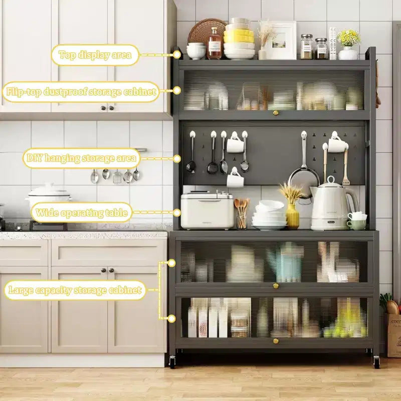 Gray Modern 5-Tier Metal Kitchen Storage Cabinet with Wheels & Flip Doors – 1 Person Assembly