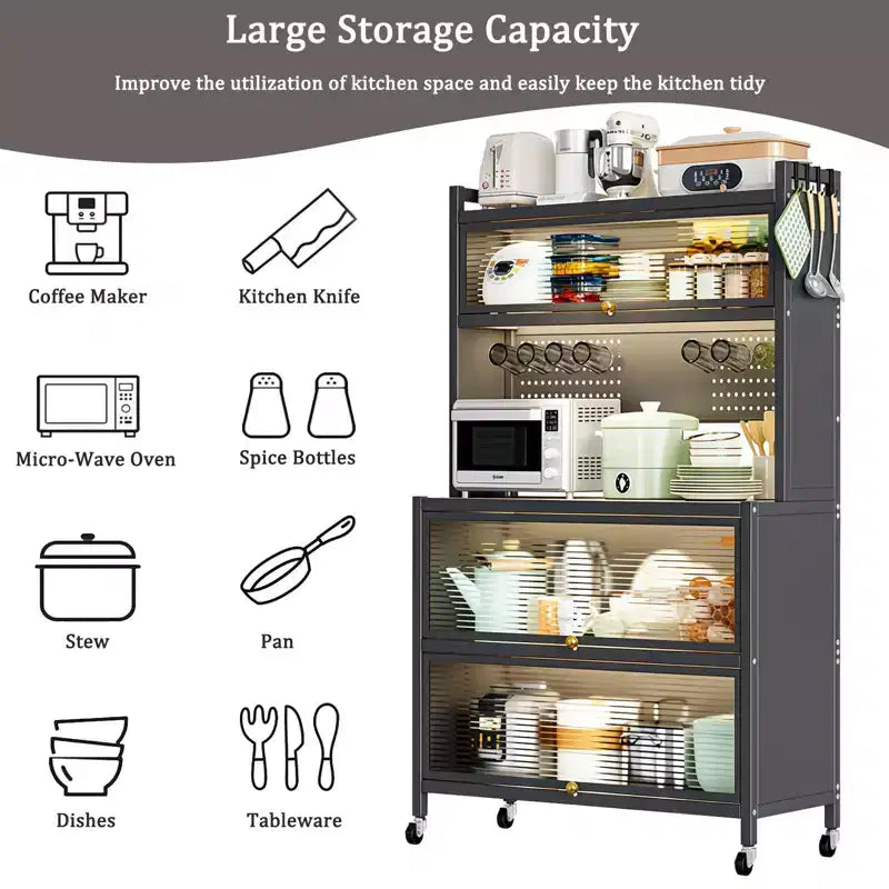 Gray Modern 5-Tier Metal Kitchen Storage Cabinet with Wheels & Flip Doors – 1 Person Assembly