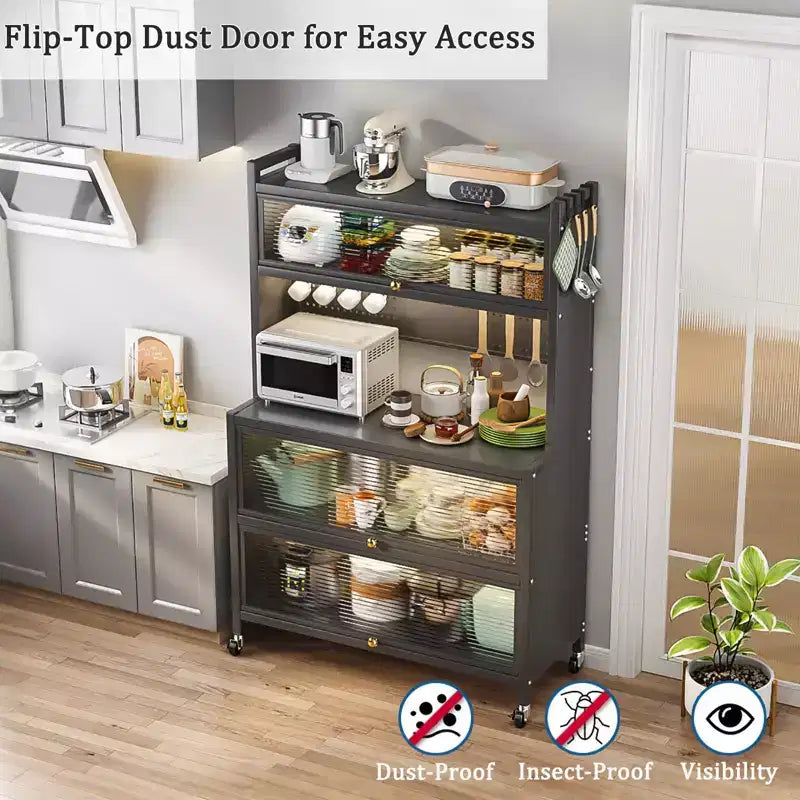 Gray Modern 5-Tier Metal Kitchen Storage Cabinet with Wheels & Flip Doors – 1 Person Assembly