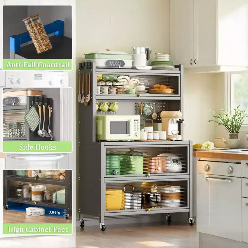 Gray Modern 5-Tier Metal Kitchen Storage Cabinet with Wheels & Flip Doors – 1 Person Assembly
