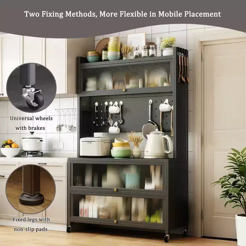 Gray Modern 5-Tier Metal Kitchen Storage Cabinet with Wheels & Flip Doors – 1 Person Assembly