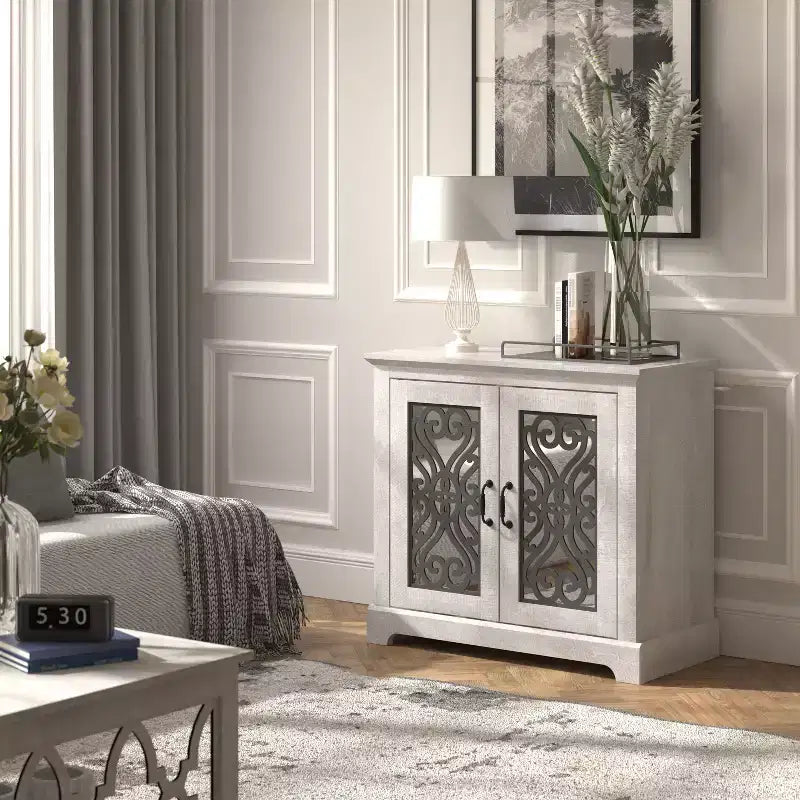 White 2-Door Cut-Out Accent Cabinet – 1 Person