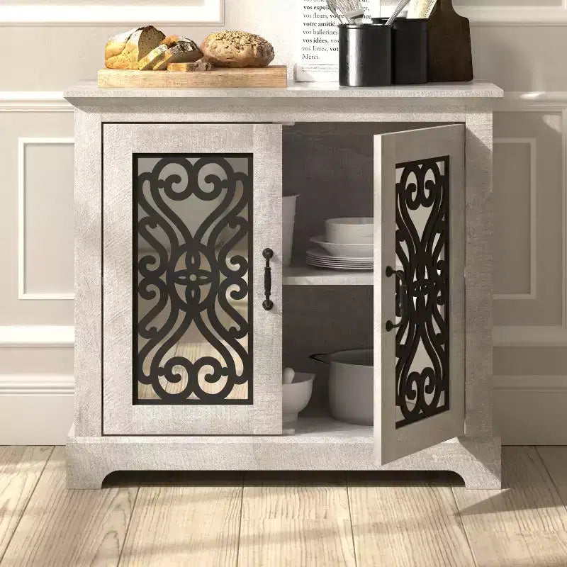 White 2-Door Cut-Out Accent Cabinet – 1 Person