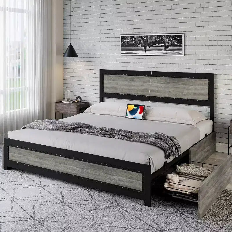 Full Size Platform Bed Frame with 4 Drawers & Headboard, Dark Grey / Light Grey, Sleeps 1–2