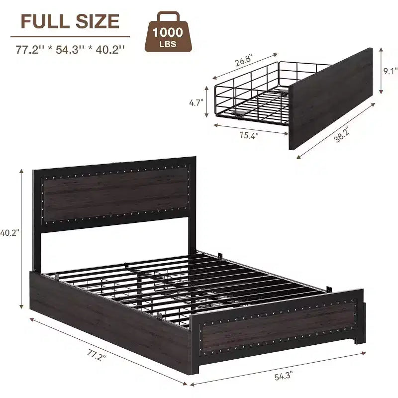 Full Size Platform Bed Frame with 4 Drawers & Headboard, Dark Grey / Light Grey, Sleeps 1–2