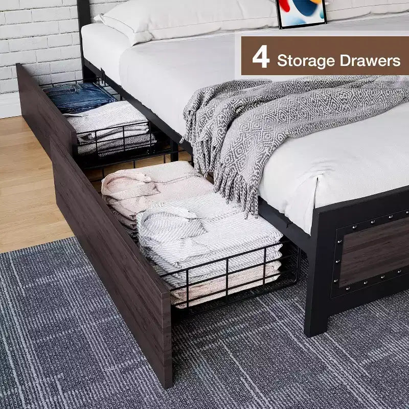 Full Size Platform Bed Frame with 4 Drawers & Headboard, Dark Grey / Light Grey, Sleeps 1–2
