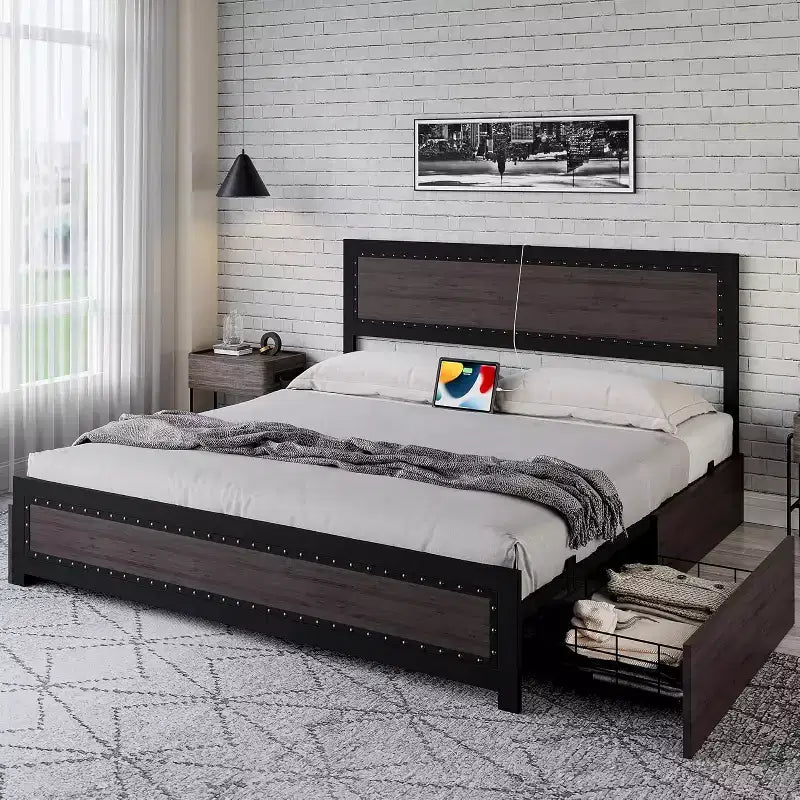 Full Size Platform Bed Frame with 4 Drawers & Headboard, Dark Grey / Light Grey, Sleeps 1–2
