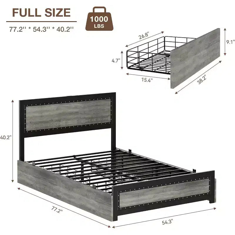 Full Size Platform Bed Frame with 4 Drawers & Headboard, Dark Grey / Light Grey, Sleeps 1–2