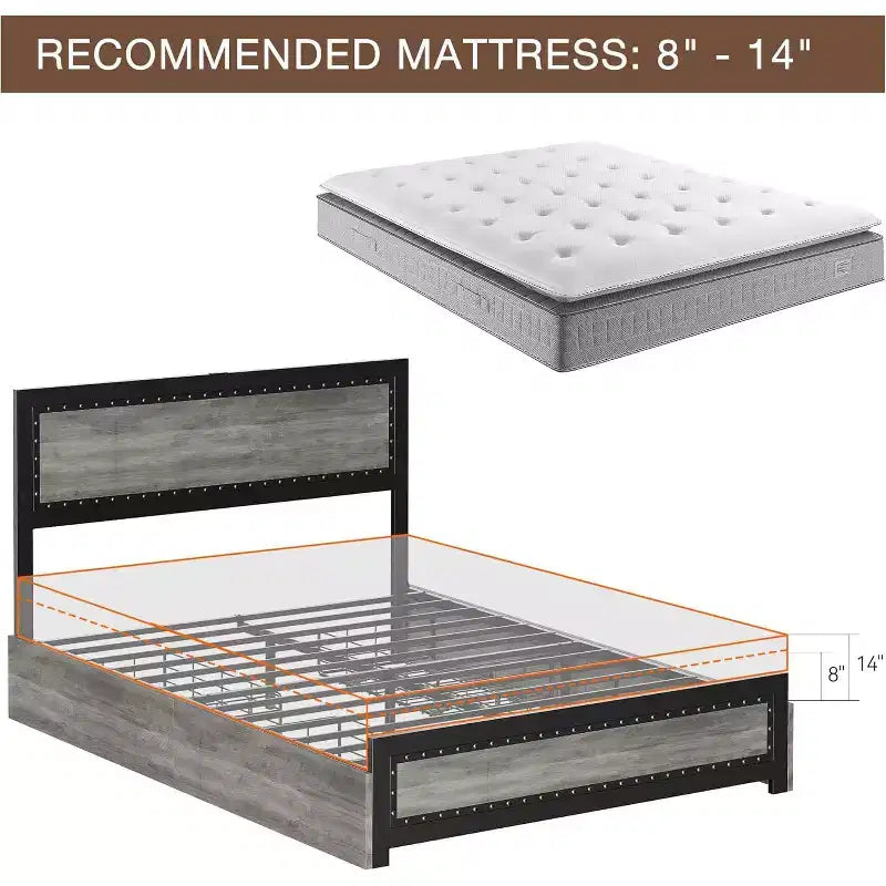 Full Size Platform Bed Frame with 4 Drawers & Headboard, Dark Grey / Light Grey, Sleeps 1–2