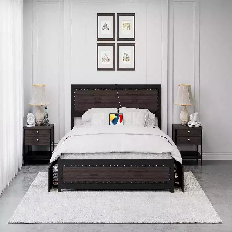 Full Size Bed Frame with 4 Storage Drawers,Platform Bed Frame with Headboard,Strong Metal Slats Support, No Box Spring Needed for Bedroom