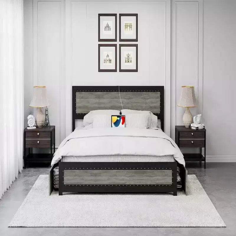 Full Size Platform Bed Frame with 4 Drawers & Headboard, Dark Grey / Light Grey, Sleeps 1–2