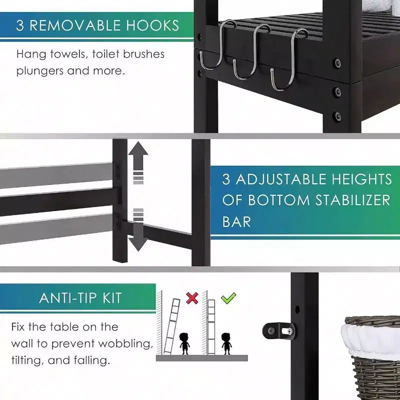 Black 3-Tier Adjustable Over-Toilet Storage Shelf, Freestanding