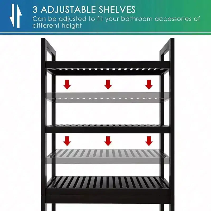 Black 3-Tier Adjustable Over-Toilet Storage Shelf, Freestanding