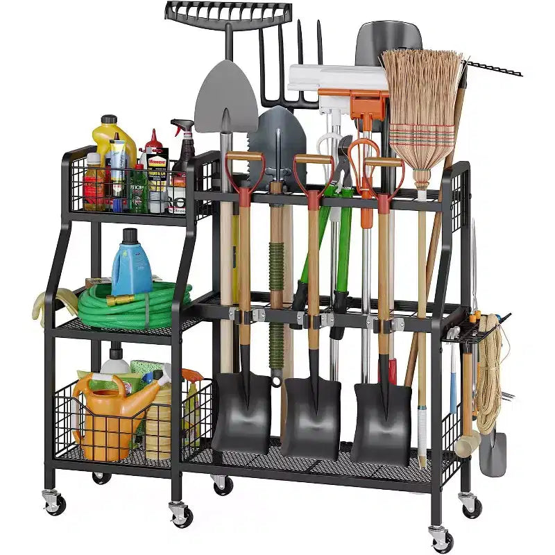 6-Wheel Heavy Duty Metal Garden Tool Organizer with 2 Baskets, Lockable Storage Rack for Garage/Shed/Yard