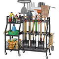 6-Wheel Heavy Duty Metal Garden Tool Organizer with 2 Baskets, Lockable Storage Rack for Garage/Shed/Yard