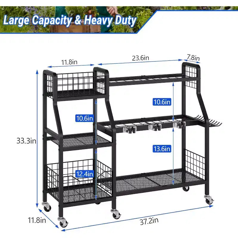 Black 3-Tier Rolling 36-Slot Garden Tool Organizer with 2 Baskets