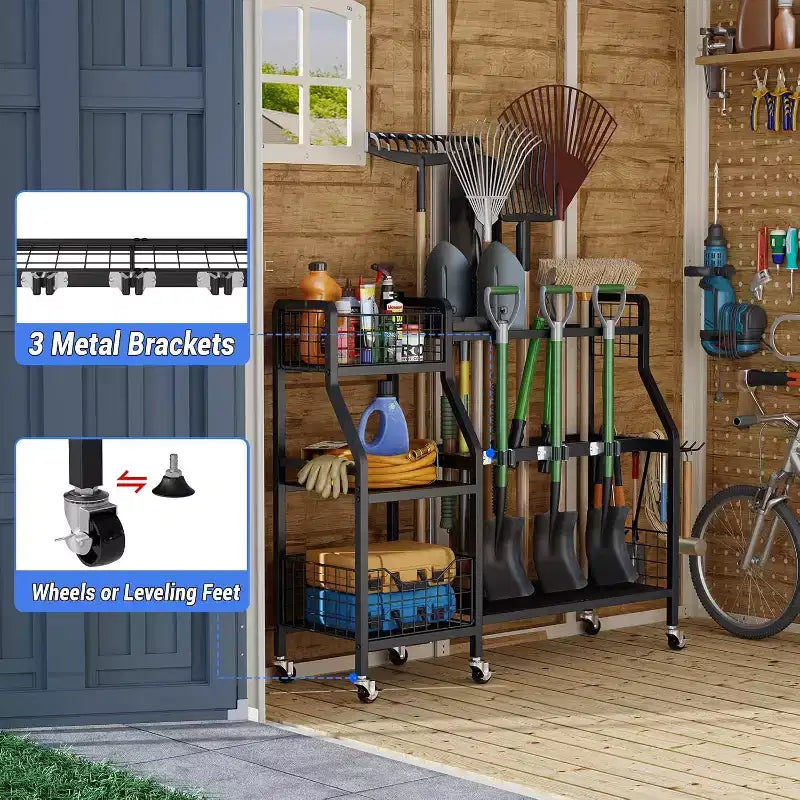 Black 3-Tier Rolling 36-Slot Garden Tool Organizer with 2 Baskets
