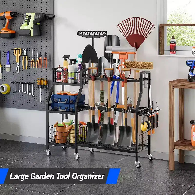 Black 3-Tier Rolling 36-Slot Garden Tool Organizer with 2 Baskets