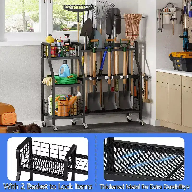 Black 3-Tier Rolling 36-Slot Garden Tool Organizer with 2 Baskets