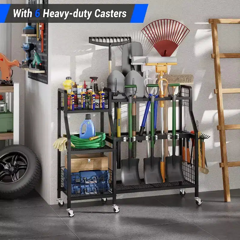 Black 3-Tier Rolling 36-Slot Garden Tool Organizer with 2 Baskets