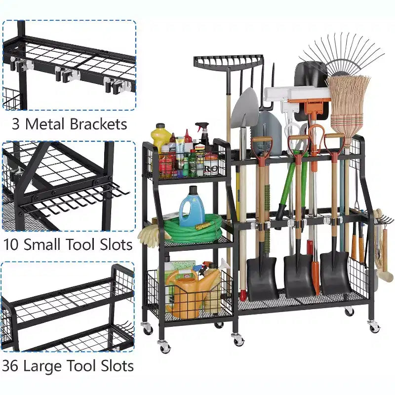 Black 3-Tier Rolling 36-Slot Garden Tool Organizer with 2 Baskets