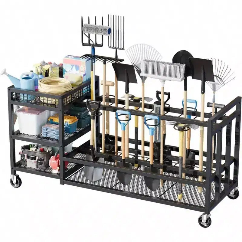 Black 3-Tier Rolling 36-Slot Garden Tool Organizer with 2 Baskets