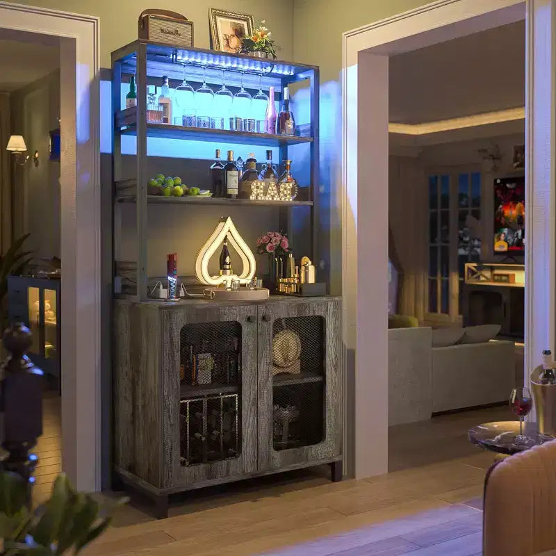 Beige / Black / Brown / Gray / White Bar Cabinet – Freestanding, 30-Bottle Storage, 1–2 Person Assembly