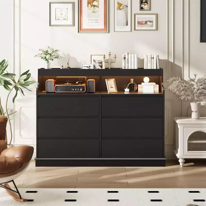 6-Drawer Wide Wooden Dresser, Black/White — Bedroom, Living Room & Closet